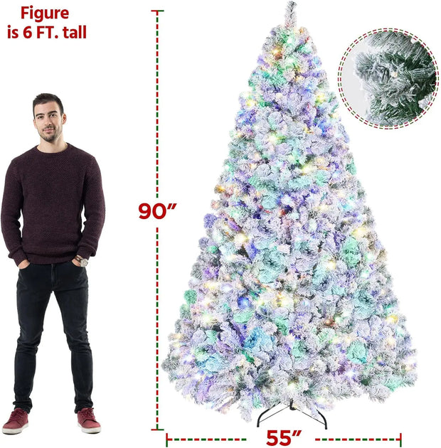 Yaheetech 7.5ft (228.6cm) Pre-lit Snow Flocked Artificial Spruce Christmas Tree | 550 Multicolor LED Lights, 1284 Branch Tips, M