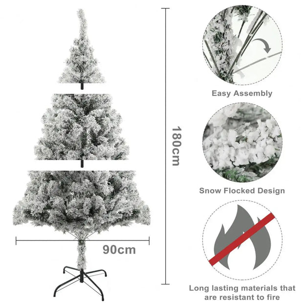 1.8m White Flocked Christmas Tree, Snowy Pencil Design with Realistic Branches, Easy Assembly & Metal Base, Perfect for Holiday