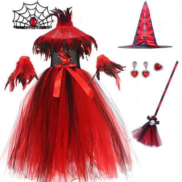 2025 Halloween Vampire Costume for Girls Devil Witch Gothic Mesh Clothes Demon Vampires Queen Cosplay Carnival Party Dress Set