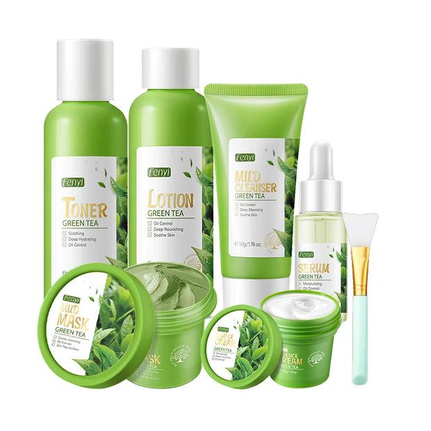 Green Tea Skin Care Set Oil Control fresh Serum Day Cream Repair Face Nourish Toner Cleaning Mud Mask Skin Care suit