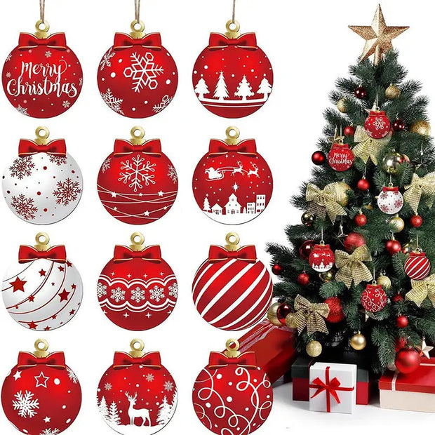 12/24Pcs Christmas Wooden Ornament Hanging Decorations Xmas Bell Shaped Pendant DIY Christmas Tree Craft Decor For Home New Year