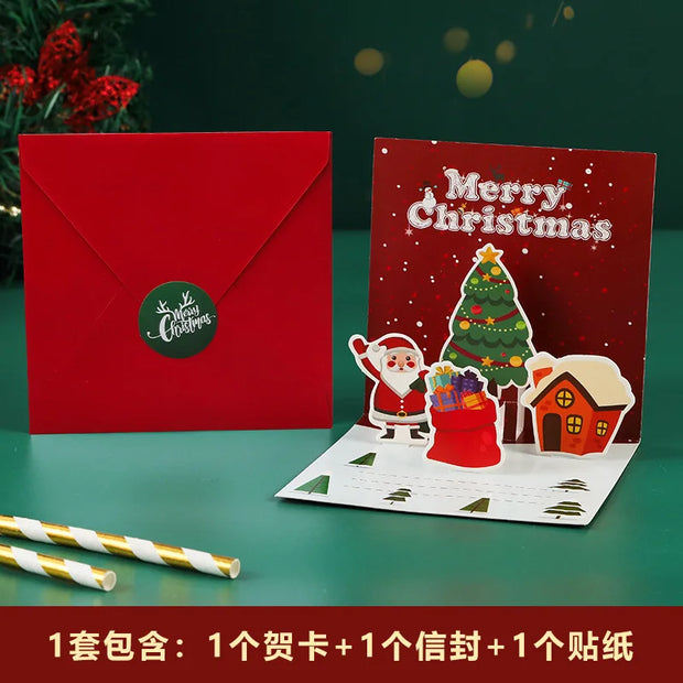 3D Santa Greeting Cards Folding Merry Christmas Best Wishes Card Xmas Gift for New Year Blessing Thank You Postcard Decoration