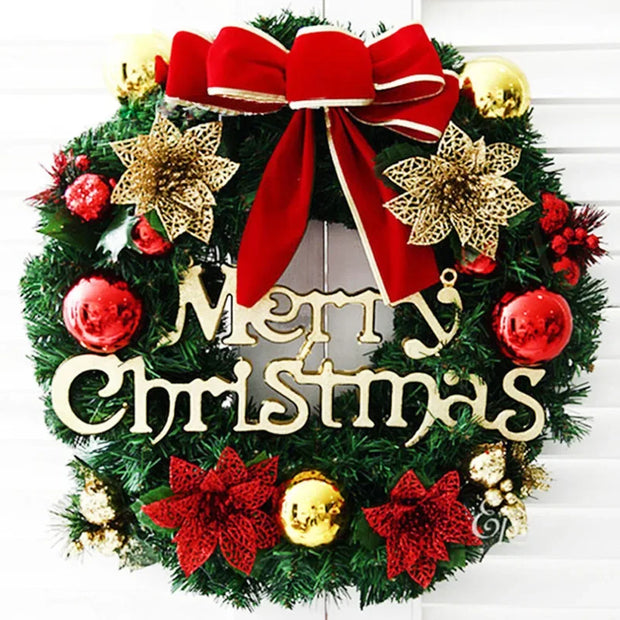 Artificial Merry Christmas Wreath with Bow Christmas Door Hanging Rattan Ornament Garland Christmas Suitable for Home Decoration