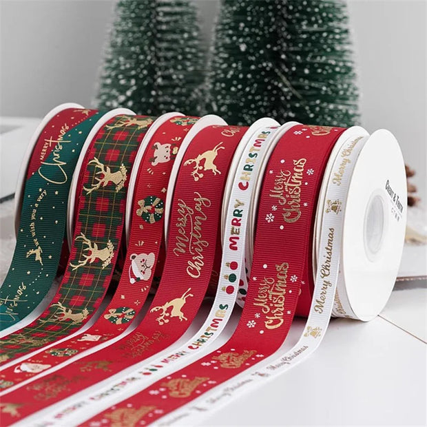 New 10/15/25mm 15 Meters Christmas Ribbon Printed Grosgrain Ribbon Tape For Handmade Design Christmas Decoration Gift Packing