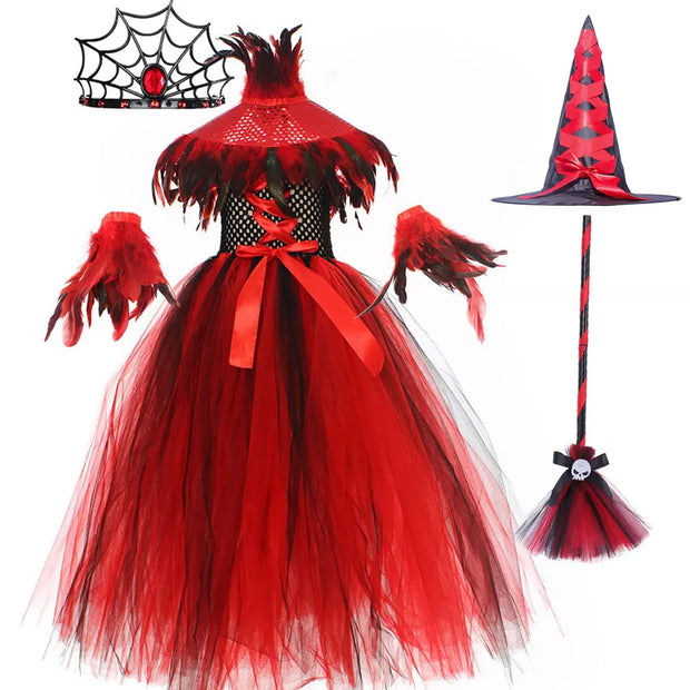 2025 Halloween Vampire Costume for Girls Devil Witch Gothic Mesh Clothes Demon Vampires Queen Cosplay Carnival Party Dress Set