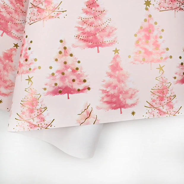 1 Roll 17inch x 393inch Pink with Gold Xmas Tree Wrapping Paper for Holiday Christmas, Gift Wrapping Paper for party