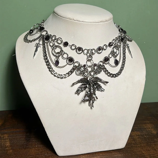Goth Halloween Necklace for Women,Bat Cross Heart Red Crystal Pendant,Stacking Chain Dark Party Jewelry,Daily Wear&Surprise Gift
