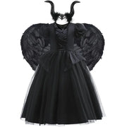 Maleficent Costume for Girls Halloween Witch Cosplay Black Witch Short Sleeve Cute New Horror Dress Accessories Set