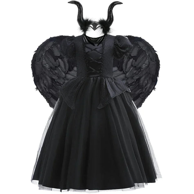 Maleficent Costume for Girls Halloween Witch Cosplay Black Witch Short Sleeve Cute New Horror Dress Accessories Set