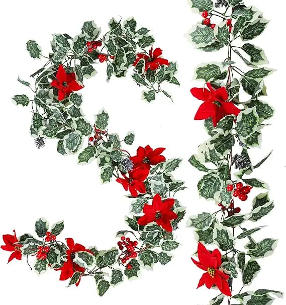 15.7Ft Christmas Artificial Garlands with Red Poinsettias Berries Holly Leaves and Snowy Pine Cones Faux Vine Hanging Garlands f