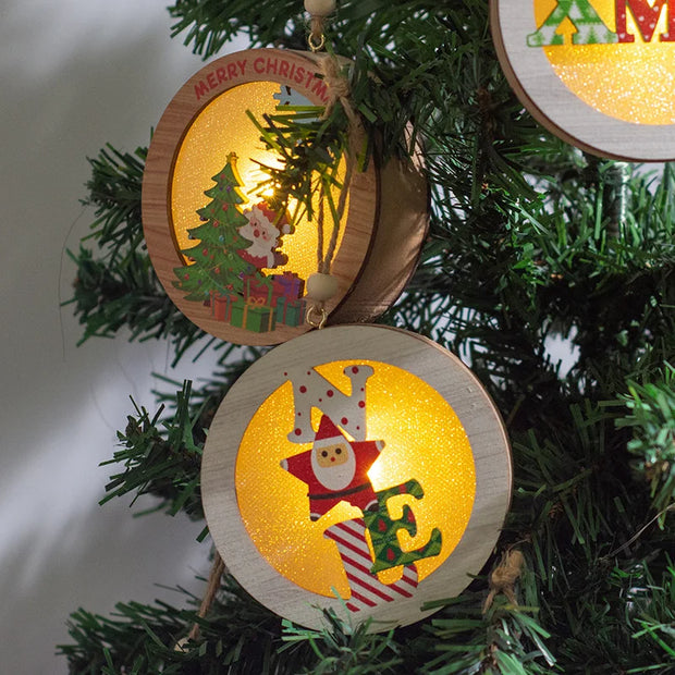 Christmas Wood Luminous Light Pendant Tabletop Decoration Christmas Ornament Holiday Home Wooden Christmas Tree Decoration