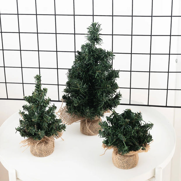 Mini Christmas Trees Green Artificial Plants Home Desktop Ornaments Window Christmas Artificial Potted Plants Burlap Decoration