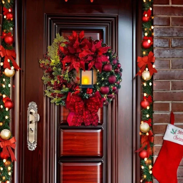 45cm Christmas Decoration Golden Wreath With Lamp For Front Door Red Ball Flower Garland Xmas Ornament Window Wall Hanging Decor