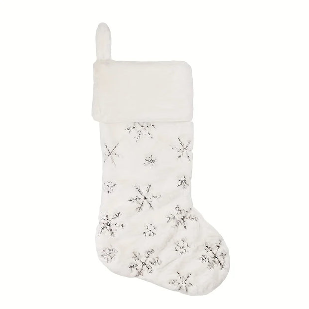 Christmas Stocking, 16 Inch Plush Faux Fur Sock with Snowflake Sequins, Holiday Tree Wall Fireplace Home Decor