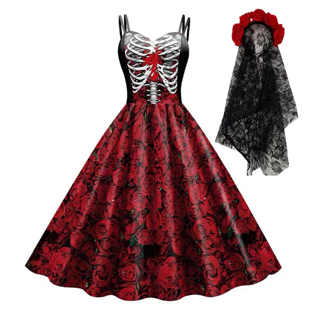 Halloween Cosplay dark Black Rose Skull Dress Women Costume Sleeveless Vintage Party Dresses Skull Witch Scary Girls Clothings