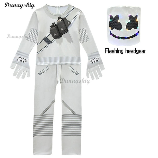 Fortnites DJ Marshmello Cosplay Costume White Jumpsuit Carnival Party Electric Syllables Bodysuit Halloween