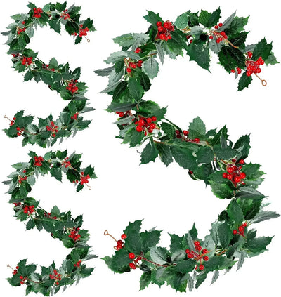 Christmas Wreath with Red Berries Green Leaf Hanging Garland Vine Artificial Flower Leaves String for Xmas New year Decoration