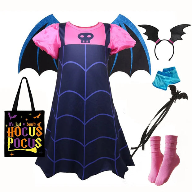 NEW Vampire Dress with Wings for Little Girls Vampirna Anime Role Playing Costume Toddler Halloween Bat Disguise Cute Purim Robe