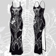 Punk Camisole Dress Halloween Long Dress Gothic Skeleton Pattern Cosplay Costume Party Dress Sexy Outfit Festival Clothing
