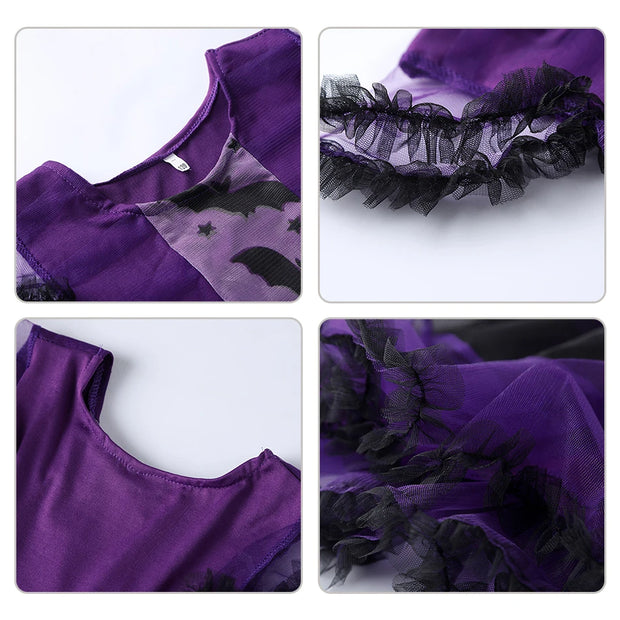 Girls Purple Bat Dress Kids Fancy Cosplay Vampire Demon Costume With Wing Headwear Halloween Carnivat Witch Role Play Clothes