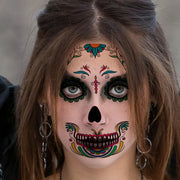 6Sheets Day of the Dead Sugar Skull Temporary Face Tattoos, Halloween Themed Fake Tattoo Stickers with Spider Web Designs