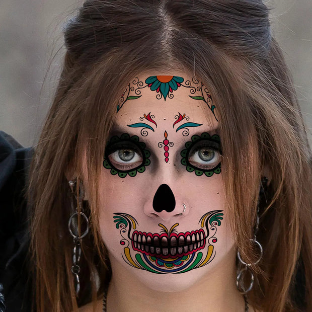 6Sheets Day of the Dead Sugar Skull Temporary Face Tattoos, Halloween Themed Fake Tattoo Stickers with Spider Web Designs