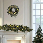 Pre-Lit Greenery Pine Cone Christmas Garland Flocked and Warm White Led Lights, Front Door Christmas Wreath, Teardrop