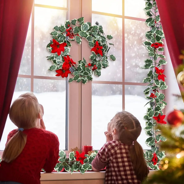 15.7Ft Christmas Artificial Garlands with Red Poinsettias Berries Holly Leaves and Snowy Pine Cones Faux Vine Hanging Garlands f