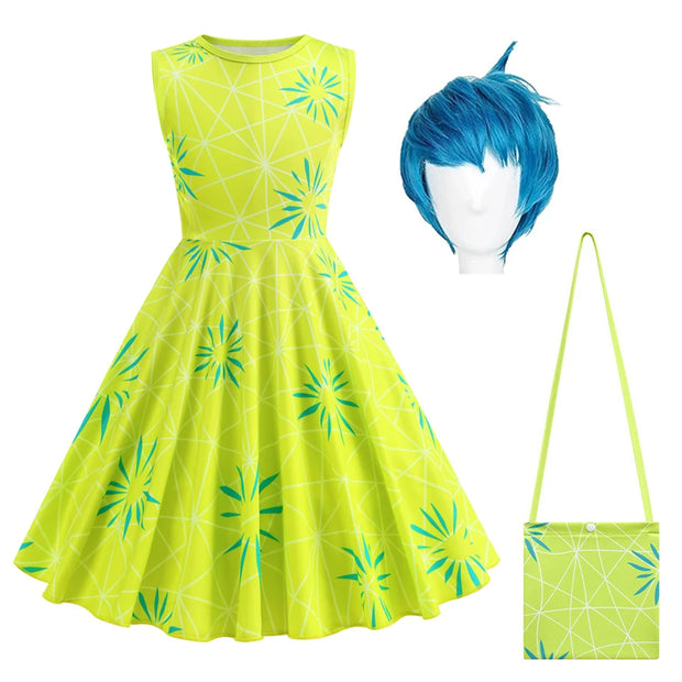 New Joy Inside Cosplay Out Dress Girls Birthday Carnival Party Outfit Children Halloween Role Playing Print Clothing