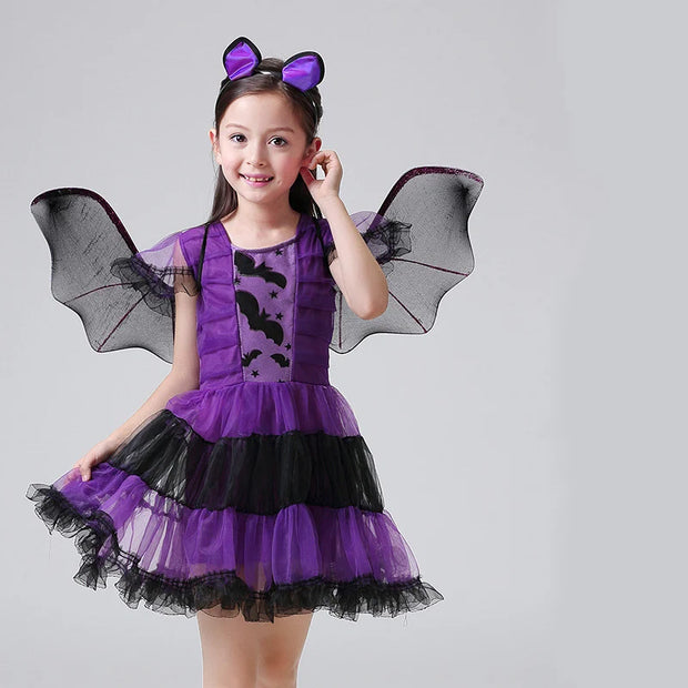 Girls Purple Bat Dress Kids Fancy Cosplay Vampire Demon Costume With Wing Headwear Halloween Carnivat Witch Role Play Clothes