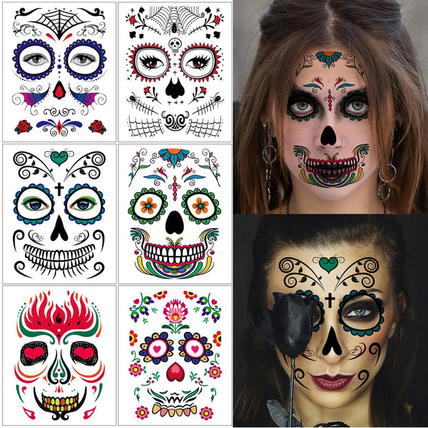 6Sheets Day of the Dead Sugar Skull Temporary Face Tattoos, Halloween Themed Fake Tattoo Stickers with Spider Web Designs