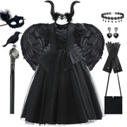 Maleficent Costume for Girls Halloween Witch Cosplay Black Witch Short Sleeve Cute New Horror Dress Accessories Set