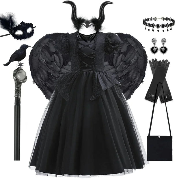 Maleficent Costume for Girls Halloween Witch Cosplay Black Witch Short Sleeve Cute New Horror Dress Accessories Set