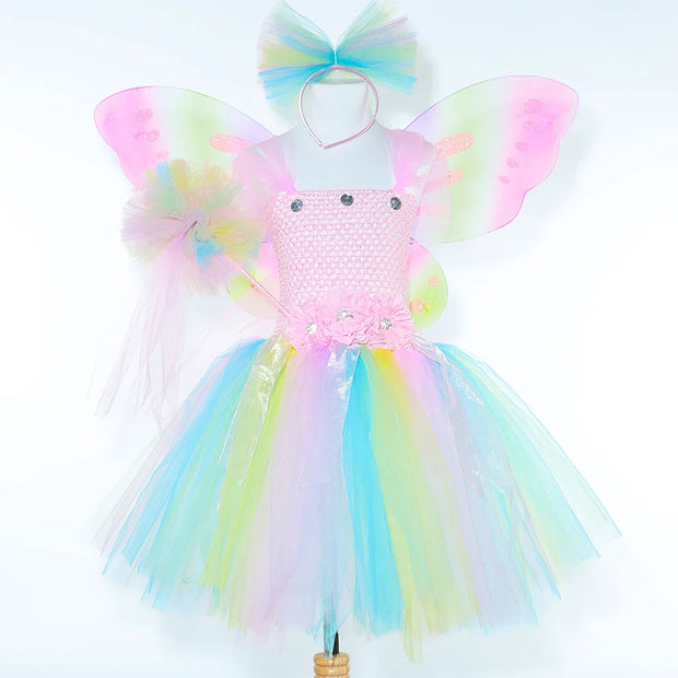 Pastel Flower Fairy Tutu Dress Costume for Girls Birthday Party Princess Dress Kids Halloween Carnival Butterfly Dress Up Outfit