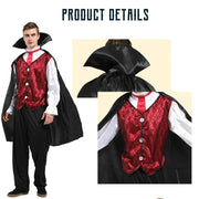 Halloween Male Vampire Cosplay Costume with Shirt/ Pants/ Vest/ Cloak，Men's Carnival Party Devil Dress Up