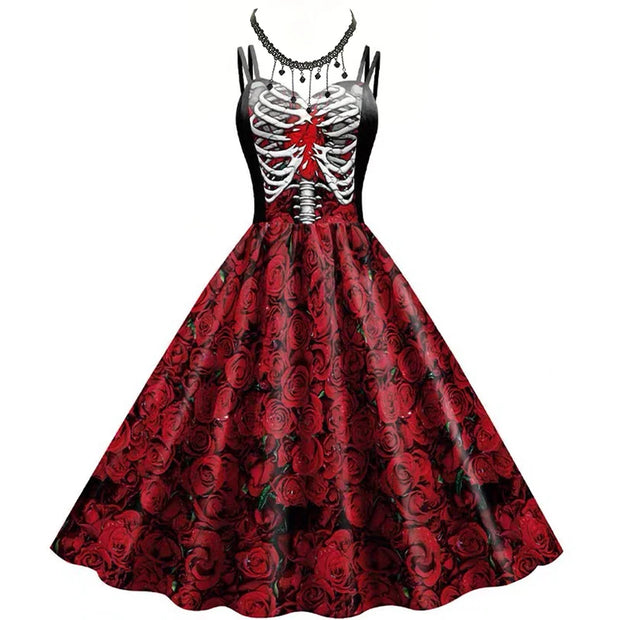 Halloween Cosplay dark Black Rose Skull Dress Women Costume Sleeveless Vintage Party Dresses Skull Witch Scary Girls Clothings