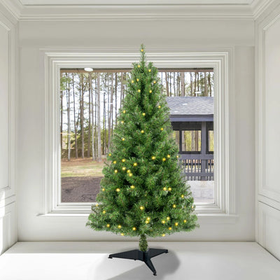 4ft Prelit Christmas Tree, 100 Warm White LEDs, 241 PVC Tips, Norwood Spruce, Easy Indoor Assembly, Stand.
