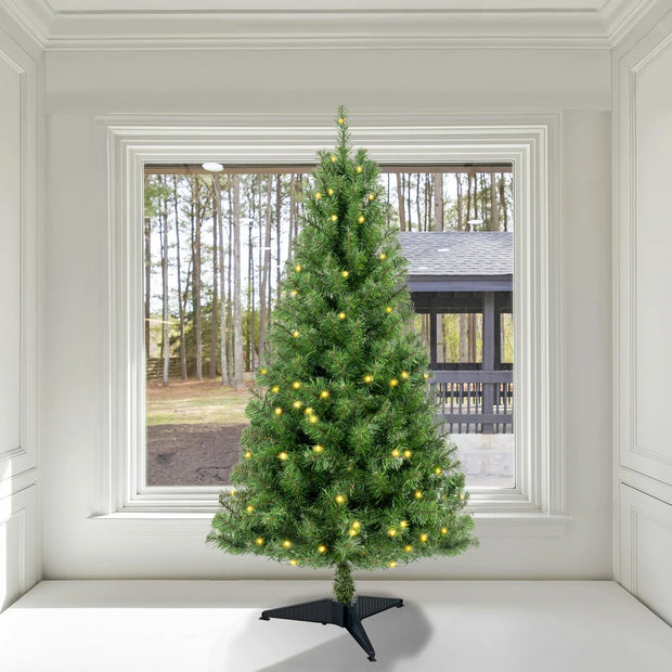 4ft Prelit Christmas Tree, 100 Warm White LEDs, 241 PVC Tips, Norwood Spruce, Easy Indoor Assembly, Stand.