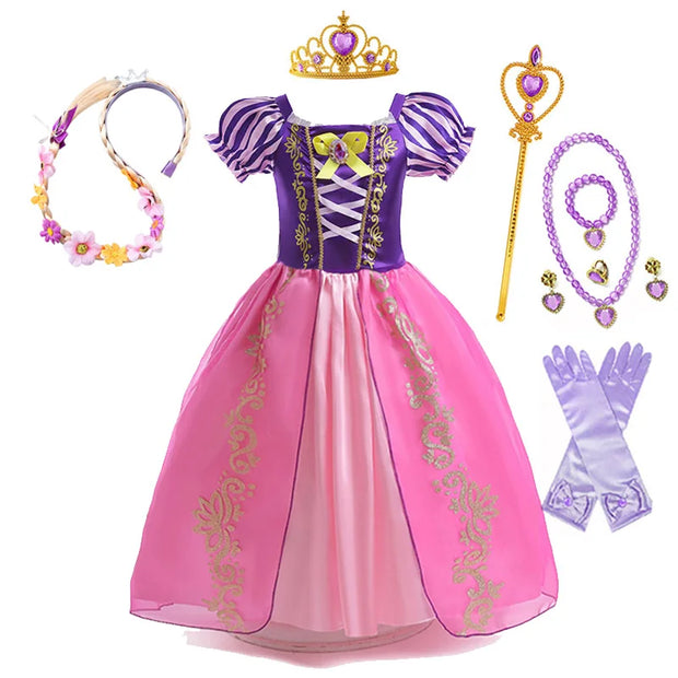 Disney Rapunzel Princess Dress Girl Purple Puff Sleeve Cosplay Tangled Costume Halloween Vestido Kids Birthday Ball Gown Clothes