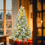 6FT Pre-Lit Spruce Snow Flocked Christmas Tree, Artificial Hinged Xmas Tree with 300 Multi-Color LED Lights, 8 Flashing Modes &7