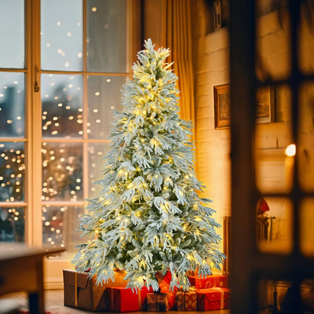 6FT Pre-Lit Spruce Snow Flocked Christmas Tree, Artificial Hinged Xmas Tree with 300 Multi-Color LED Lights, 8 Flashing Modes &7