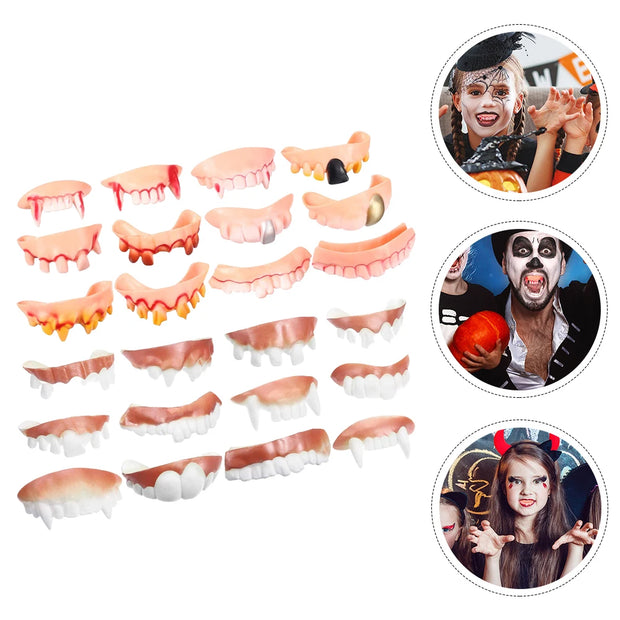 24pcs Halloween Fake Teeth Playthings Horrific Zombie Teeth Funny Party Denture Props Fake Teeth Halloween Ugly Teeth Toys Set