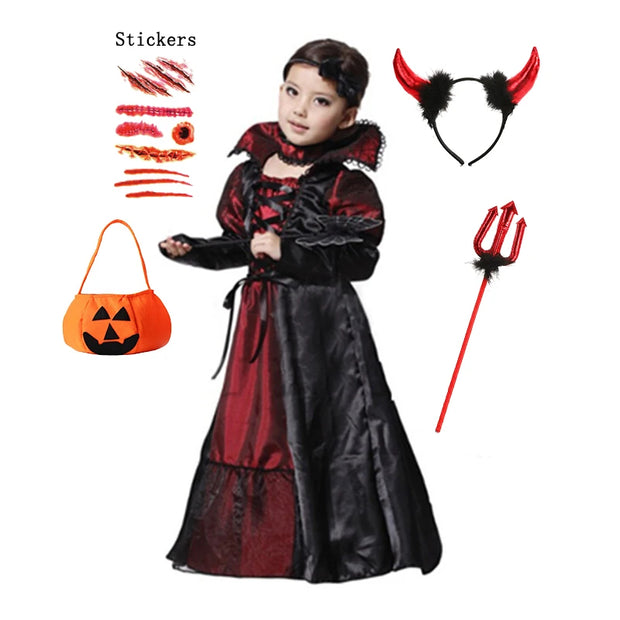 Halloween Fantasy Children's Costumes Ghost Bride Gothic Cosplay Girls Red Vampire Day of The Dead Kids Costumes for Boy Girl