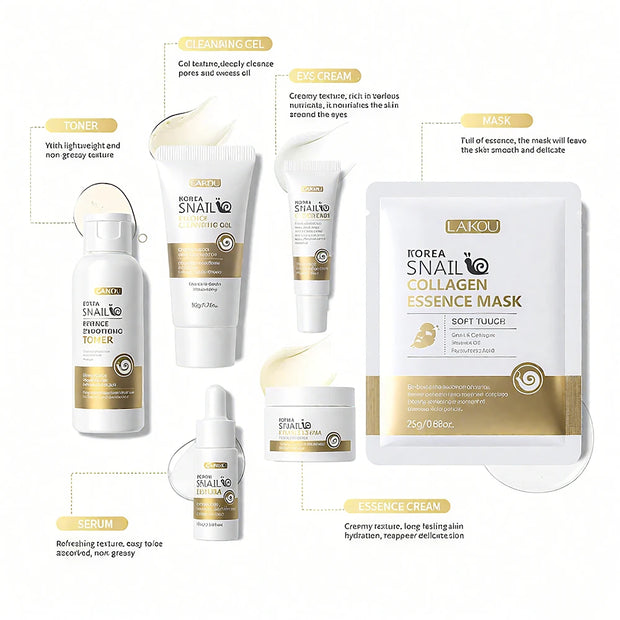 Snail Collagen Skin Care Set, 19pcs/set Moisturizing Facial Cleanser & Toner & Serum & Eye Cream & Essence Cream & Mask & Tool