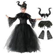 Halloween Maleficents Costume for Girls Evil Queen Dress Up Costumes Witch Devil Black Tulle Mesh Princess Dress Cosplay Clothes