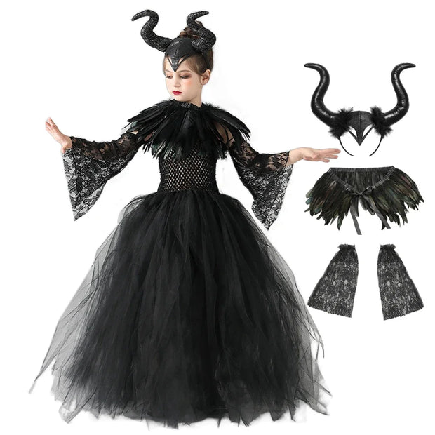 Halloween Maleficents Costume for Girls Evil Queen Dress Up Costumes Witch Devil Black Tulle Mesh Princess Dress Cosplay Clothes