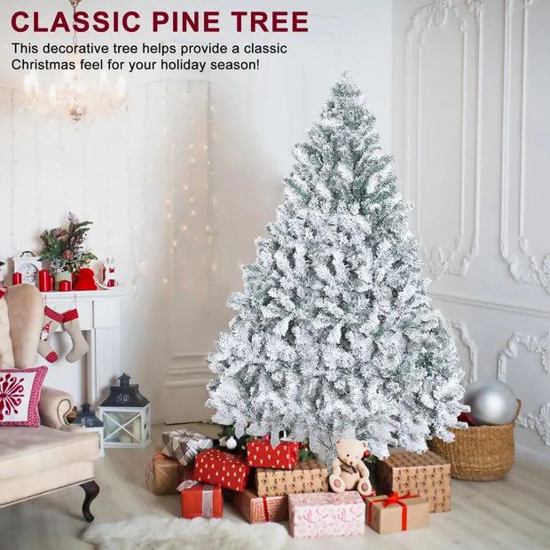6.9ft White Flocked Artificial Christmas Tree, Snow Christmas Holiday Pencil Tree, Winter Party Decoration with Realistic Branch