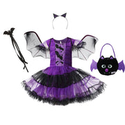 Girls Purple Bat Dress Kids Fancy Cosplay Vampire Demon Costume With Wing Headwear Halloween Carnivat Witch Role Play Clothes