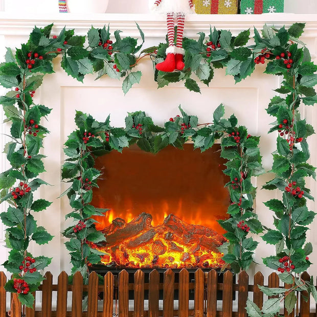 Christmas Wreath with Red Berries Green Leaf Hanging Garland Vine Artificial Flower Leaves String for Xmas New year Decoration