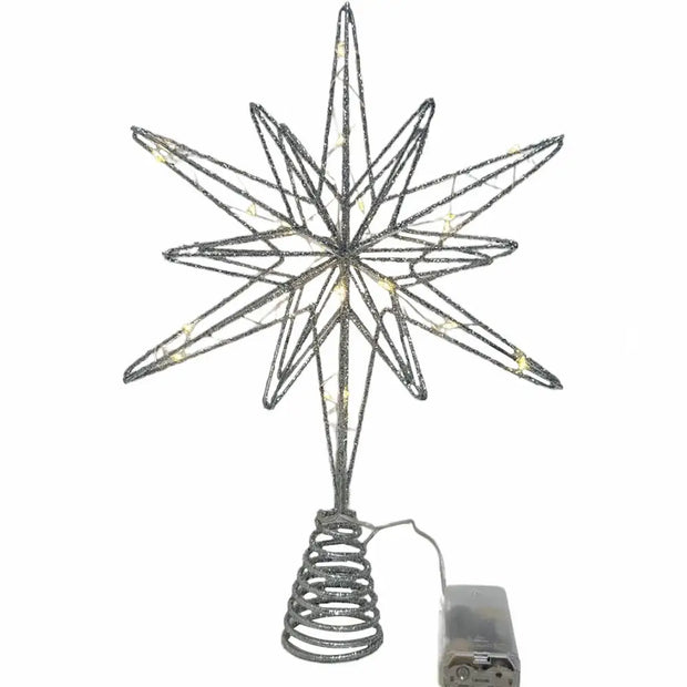 20-Lights Christmas Star Tree Topper Multi-Pointed Pre-lit Glittered Snowflake Treetop Lighted Xmas Treetop for Home Decorations